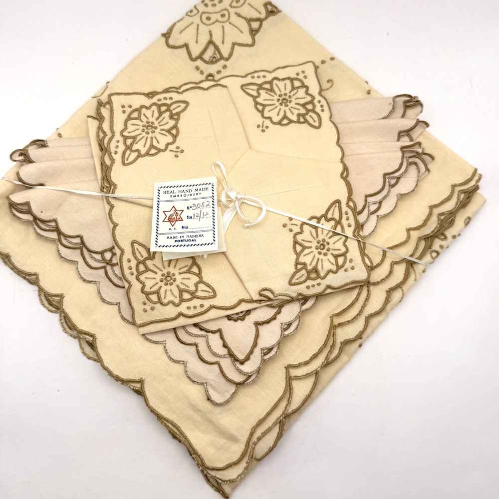 Vintage Madeira Linen‎ Tablecloth & Napkin Set Cutwork Embroidery Portugal